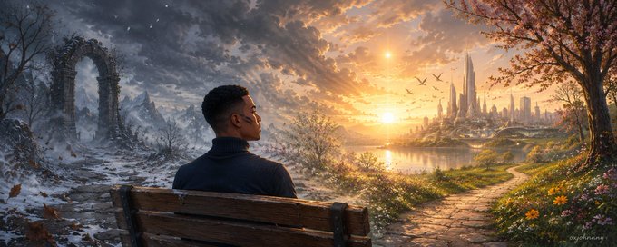 A surreal artwork of a person sitting on a wooden bench facing away from the viewer, looking at a split scene of a snowy ruin on the left and a vibrant sunset cityscape on the right.