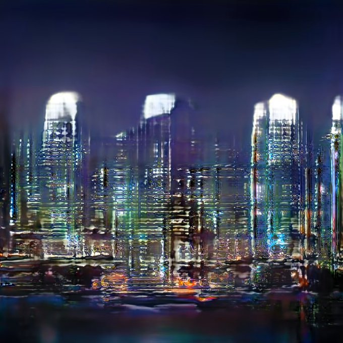 A nighttime abstract cityscape featuring illuminated skyscrapers and their colorful reflections in water.