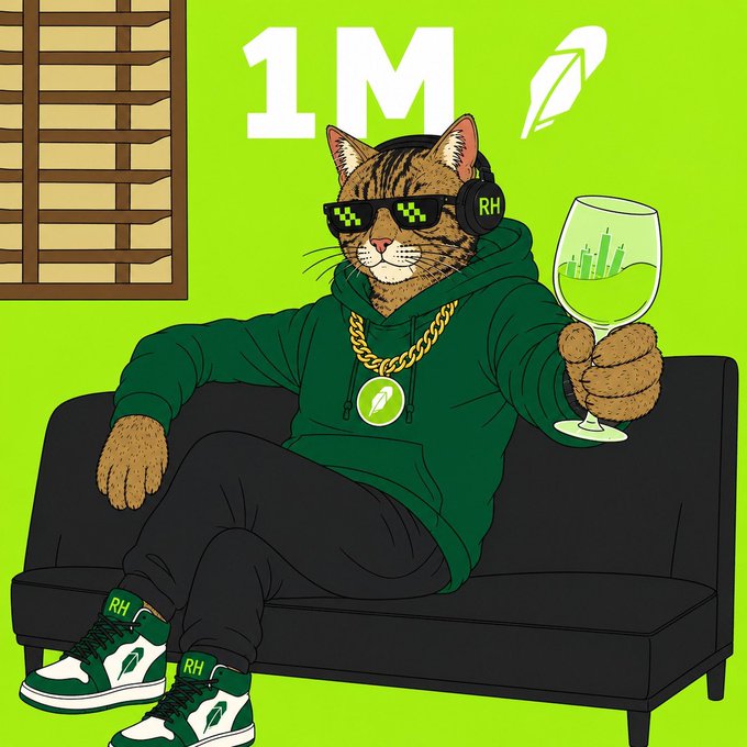 An illustration shows a cool anthropomorphic cat wearing sunglasses, a green hoodie, and headphones, lounging on a black sofa holding a glass, with '1M' and a feather logo displayed on a bright green background.