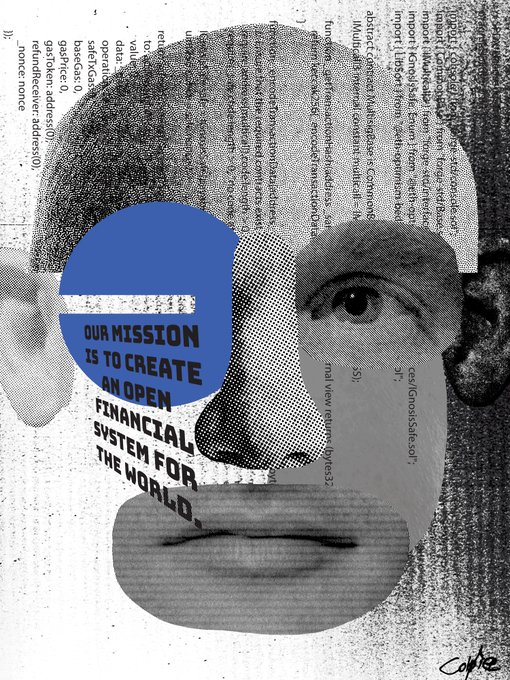 A collage-style artwork featuring a man's face overlaid with computer code and a blue circle reading 'OUR MISSION IS TO CREATE AN OPEN FINANCIAL SYSTEM FOR THE WORLD.'
