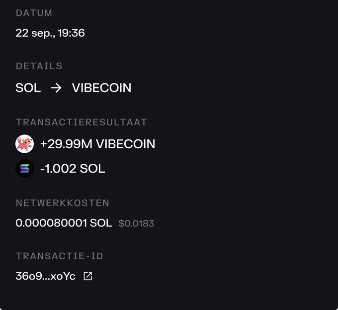 A transaction receipt dated September 22 at 19:36 shows a swap of 1.002 SOL (minus 0.000080001 SOL in network fees, ~$0.0183) for +29.99M VIBECOIN, supporting the "$VIBECOIN to 1B" sentiment as the user accumulates a substantial token position.