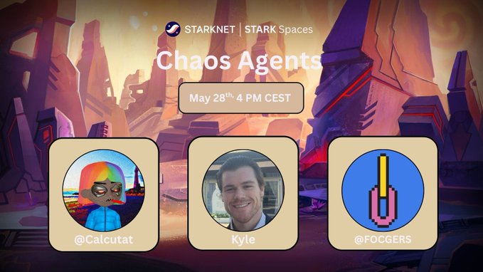 The image features a poster with three cartoon characters wearing glasses and hats, each representing a different character from the video game "Magic: The Gathering". They are standing against a backdrop of mountains and buildings, creating an interesting contrast between their whimsical appearance and the more realistic setting. The text on the poster reads "Chaos Agents" and "May 28 4 PM CEST", indicating that there is an exclusive event related to the game scheduled for May 28th at 4:00 PM.