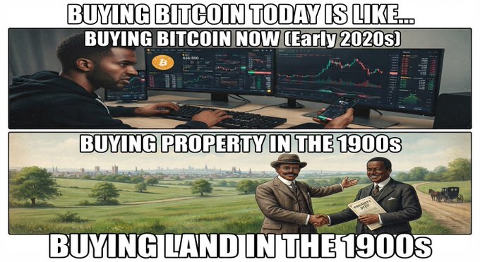 A meme comparing 'BUYING BITCOIN TODAY IS LIKE...' with 'BUYING BITCOIN NOW (Early 2020s)' showing a man trading on multiple monitors, contrasted against 'BUYING PROPERTY IN THE 1900s' and 'BUYING LAND IN THE 1900s' showing two men in vintage suits exchanging a deed.