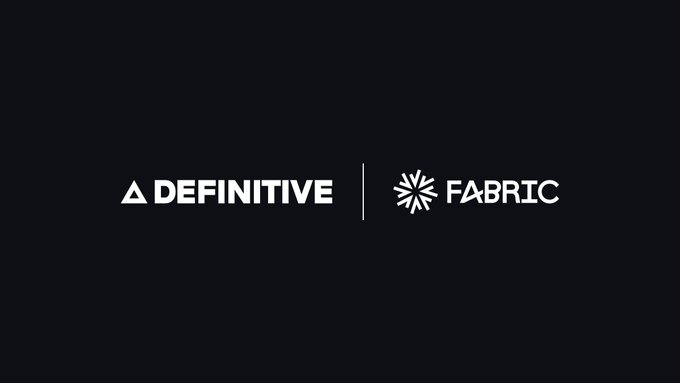 A minimalist logo design on a black background showing two brand names side by side: "DEFINITIVE" with a triangle logo and "FABRIC" with a starburst icon.