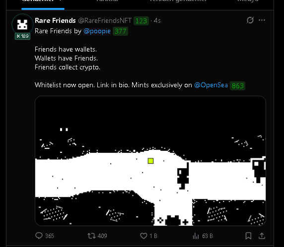 A screenshot of a tweet from 'Rare Friends @RareFriendsNFT' featuring pixel art and the text 'Friends have wallets. Wallets have Friends. Friends collect crypto. Whitelist now open.'