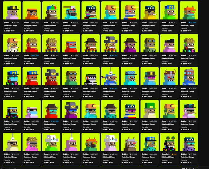 A screenshot showing a grid of pixel-art character NFTs from the 'Robinos' 'Rebelhood Chimps' collection on a blockchain marketplace, with various attributes and 'Top offer 0.0002 WETH' displayed beneath each character.