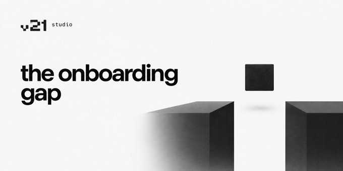 A minimalist white and black graphic from 'v21 studio' titled 'the onboarding gap', showing two black cubes with a gap between them.