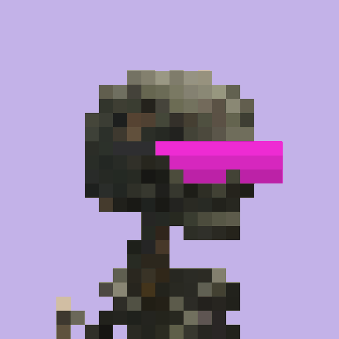 A heavily pixelated figure with dark hair and a bright pink rectangular obscuring element over the face area is shown against a light purple background.