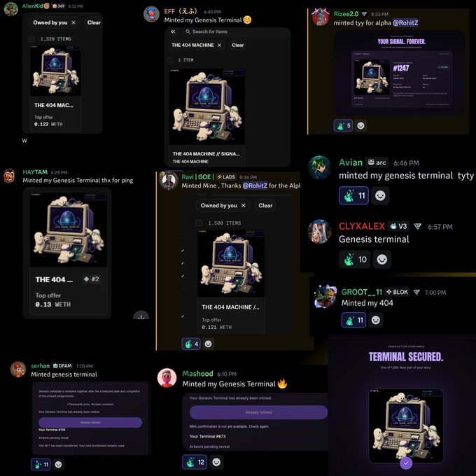 A collage of users in a Discord server celebrating after successfully minting "The 404 Machine" Genesis Terminal NFTs, with various members like Razee2.0, EFF, Rav | GOE |, and serhan sharing screenshots of their #122 through #673 minted tokens. The images illustrate the community's successful mint of the Genesis collection, which the accompanying post notes appreciated from 0.044 ETH to 0.17 ETH, with many Velcorians members securing whitelist spots.