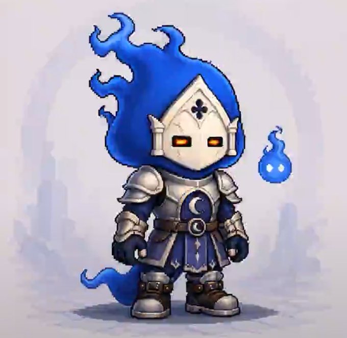 A cartoon-style illustration of a small armored knight with a blue flame-like hood, glowing orange eyes, and a crescent moon emblem, standing beside a small blue flame companion.