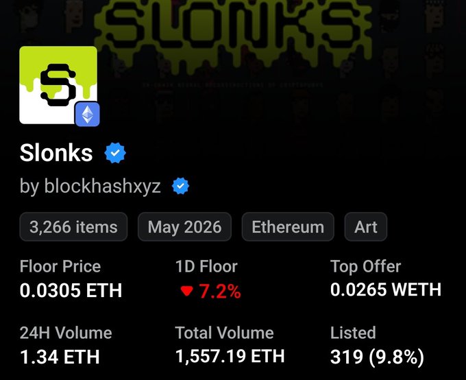 A dark-themed NFT collection page for 'Slonks by blockhashxyz' displays 3,266 items, a floor price of 0.0305 ETH, and a top offer of 0.0265 WETH.