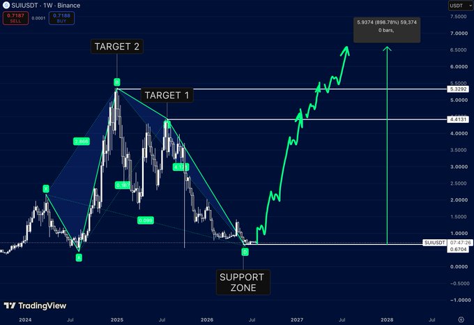 A TradingView chart of the SUIUSDT pair on Binance shows the token's price action from 2024 through 2028, featuring a bearish Gartley harmonic pattern with marked "TARGET 1" at 4.61 and "TARGET 2" at 5.32, before a projected breakout arrow surging toward 6.9374 (an 898.78% gain) from the current support zone around 0.7187. The image illustrates the post's contrarian thesis—highlighting how SUI is currently sitting on major support after a long bleeding cycle, presenting an opportunity that most investors will only recognize after the price doubles.