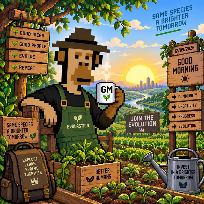 A pixel-art farmer wearing overalls labeled 'EVOLASTION' holds a mug reading 'GM' in a lush garden. Wooden signs display messages including 'SAME SPECIES A BRIGHTER TOMORROW', 'GOOD IDEAS', 'GOOD PEOPLE', 'EVOLVE', 'REPEAT', '12/09/2026', 'GOOD MORNING', 'COMMUNITY', 'CREATIVITY', 'PROGRESS', 'EVOLUTION', 'JOIN THE EVOLUTION', 'BETTER HUMANS', 'EXPLORE LEARN EVOLVE TOGETHER', and 'INVEST IN A BRIGHTER TOMORROW'.