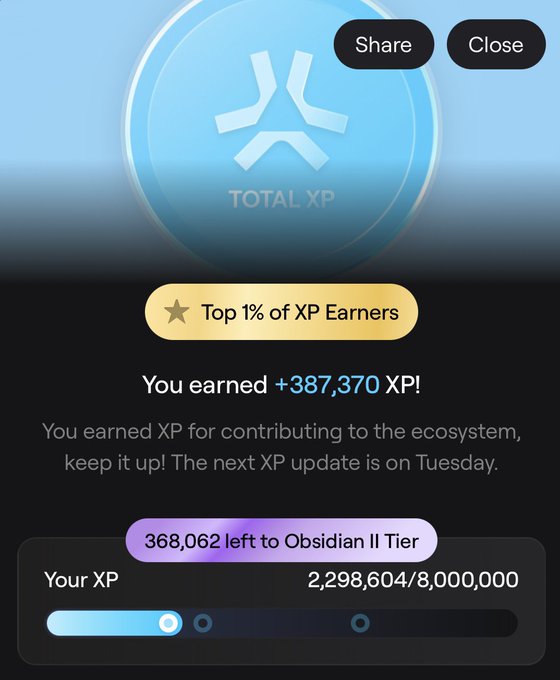 A mobile app screen showing 'TOTAL XP' achievement with 'You earned +387,370 XP!' and 'Top 1% of XP Earners' badge, noting 368,062 XP left to Obsidian II Tier.