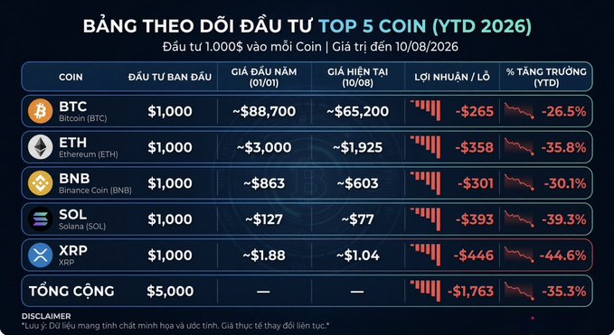A financial chart titled 'BẢNG THEO DÕI ĐẦU TƯ TOP 5 COIN (YTD 2026)' showing a $1,000 initial investment in BTC, ETH, BNB, SOL, and XRP, all currently showing significant losses ranging from -26.5% to -44.6%.