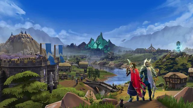 A vibrant fantasy video game landscape featuring two armored characters overlooking a kingdom with a glowing tree in the distance.