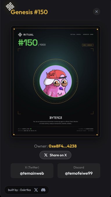 A mobile screen showing Genesis #150, an NFT on the Ritual Chain featuring a pink bird character wearing a 'Sup' cap, owned by address 0xe8F4...4238, with social handles for @temainweb and @temofeiwe99.