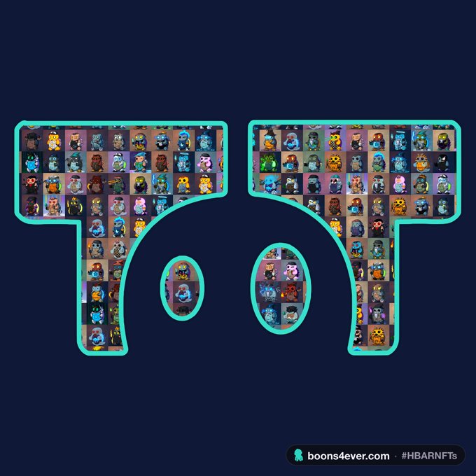 A graphic showing the "Bored Ape" letters filled with small images of various NFT character avatars, watermarked with "boons4ever.com • #HBARNFTs".