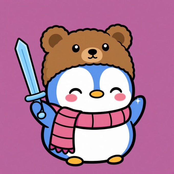 A cute cartoon penguin wearing a brown bear hat and a pink scarf, triumphantly holding up a blue sword against a purple background. The adorable character perfectly embodies the "Pudgy Penguins" NFT collection mentioned in the post, showcasing the charming and playful aesthetic the project is known for.