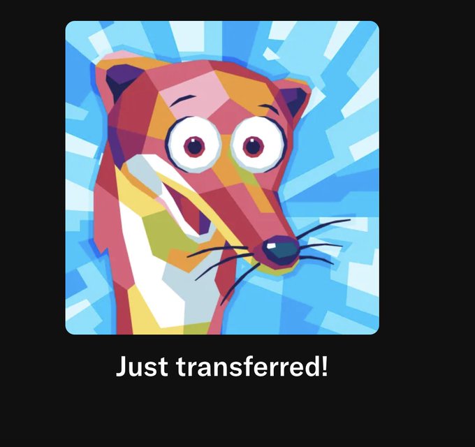 A cartoon meerkat with wide eyes smiles against a blue starburst background, with the text "Just transferred!" displayed below it. The image serves as a pop art-style notification announcing a successful NFT transaction, likely referencing the user's recent VeeFriends Series 2 acquisition mentioned in their post.