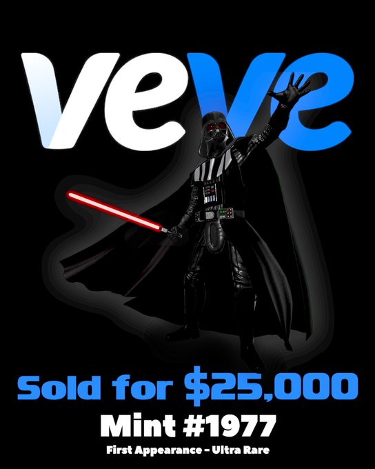 A promotional graphic featuring Darth Vader wielding a red lightsaber against a black background, overlaid with the VeVe logo and text reading "Sold for $25,000, Mint #1977, First Appearance - Ultra Rare," highlighting a high-value NFT sale on the VeVe digital collectibles platform.