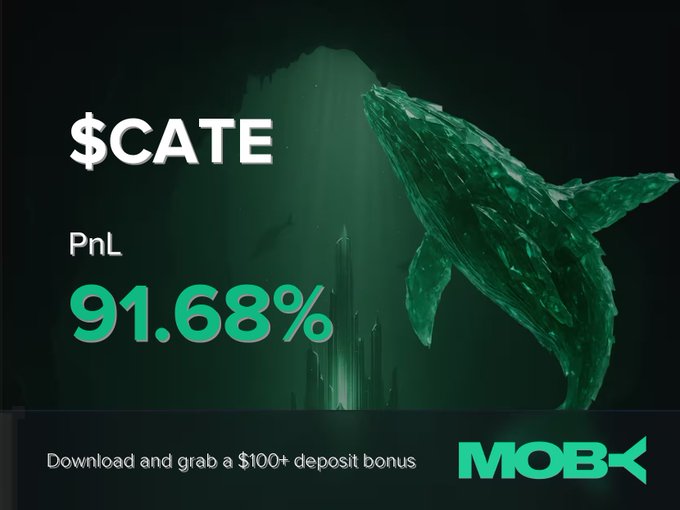 A promotional image showcasing a Moby Mobile "Win Alert" featuring a striking green whale graphic against an underwater-themed background, highlighting a trader's $CATE position closed with a +91.68% PnL, alongside an offer for a $100+ deposit bonus.