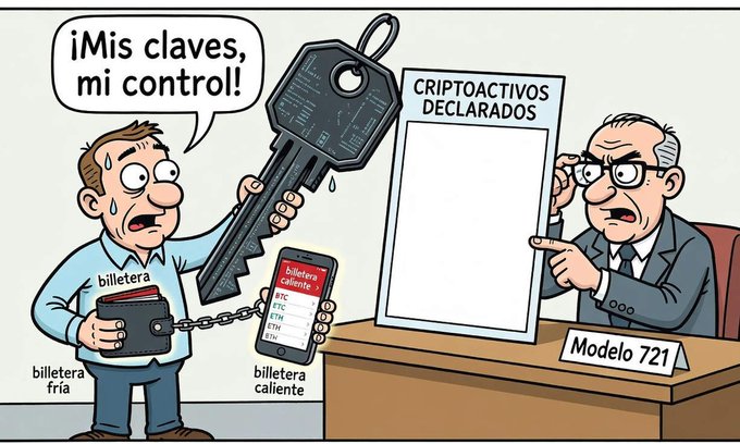 A Spanish cartoon about cryptocurrency tax declaration (Modelo 721), showing a panicked man labeled 'billetera fría' holding a giant key saying '¡Mis claves, mi control!' (My keys, my control!), while an angry tax official points at a 'CRIPTOACTIVOS DECLARADOS' (Declared crypto assets) form, contrasting with the man's 'billetera caliente' (hot wallet) phone.