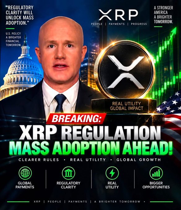 This promotional graphic features Coinbase CEO Brian Armstrong against a backdrop of the U.S. Capitol, with an XRP cryptocurrency coin and rising green market chart, headlined "BREAKING: XRP REGULATION MASS ADOPTION AHEAD!" The image promotes XRP-related themes of regulatory clarity, global payments, and utility, but doesn't directly reference Armstrong's CNBC statement about the crypto market bottom being in, instead using his likeness to lend credibility to XRP adoption claims alongside slogans like "Real Utility Global Impact" and "A Stronger America A Brighter Tomorrow."