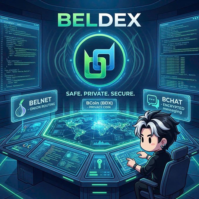 A stylized chibi character sits at a futuristic holographic control console featuring the Beldex logo and the tagline "Safe. Private. Secure." with surrounding panels highlighting "BELNET - Onion Routing," "BCoin (BDX) - Privacy Coin," and "BCHAT - Encrypted messaging," visually reinforcing Beldex's expansion into new markets through its privacy-focused ecosystem.