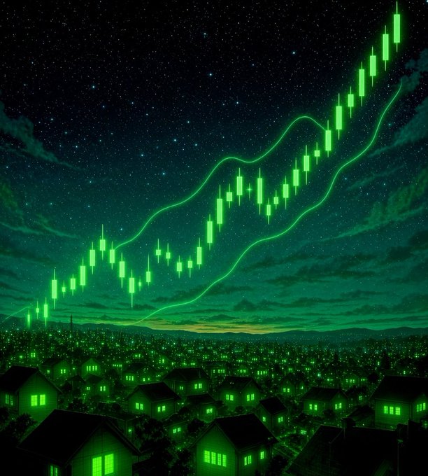 A stylized night landscape shows a glowing green financial candlestick chart rising above a town and mountains under a starry sky.