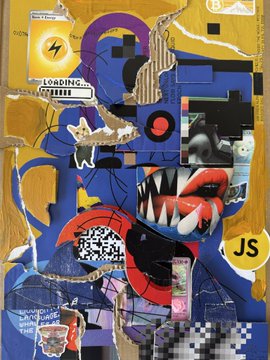 A vibrant mixed-media collage artwork featuring bold yellow and blue panels, glitch art elements, and striking imagery including red lips with sharp teeth, a "LOADING" interface, a "JS" badge, and a QR code, which serves as a physical piece from artist @R3ORDR that can be collected through their $FRAGM3NTS series. The chaotic, fragmented aesthetic of the artwork visually embodies the concept of digital "fragments" referenced in the collectible series name.