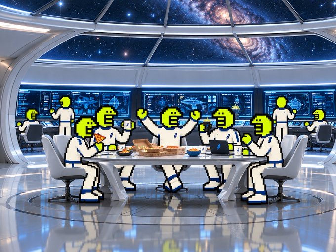 A digital artwork depicting yellow pixel-art characters in white space suits gathered around a dining table inside a futuristic spaceship bridge with a galaxy visible through the dome windows.