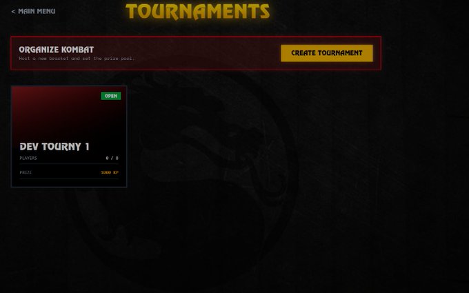 A "Tournaments" menu screen displays a "DEV TOURNY 1" tournament card marked as "OPEN" with 0/2 players and a 12000 KP prize, alongside a "CREATE TOURNAMENT" button. The interface reflects the launch of the first live tournament, inviting players to join the $KOMBAT competition.