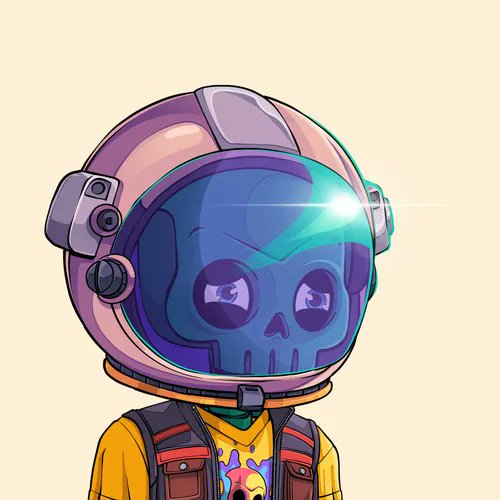 A digital illustration of a cute cartoon character with a skull face wearing a purple astronaut helmet and yellow shirt with a star design.