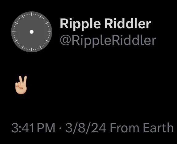 A profile post by "Ripple Riddler" (@RippleRiddler) at 3:41 PM on 3/8/24 "From Earth" shows a peace/victory hand emoji (✌️), humorously complementing the post's caption "Peace deal Monday afternoon" with the cryptic date "3/88/3" and the #XRP ticker, likely referencing a speculative announcement about XRP.