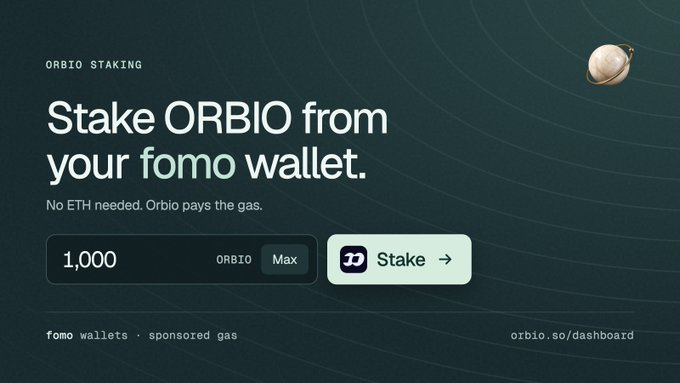 A promotional graphic for ORBIO STAKING reads 'Stake ORBIO from your fomo wallet.' with an input field showing '1,000 ORBIO' and a 'Stake' button, directing users to orbio.so/dashboard.
