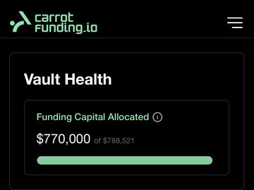 A screenshot of the Carrot Funding.io website displaying 'Vault Health' with 'Funding Capital Allocated' showing '$770,000 of $788,521'.