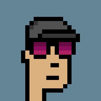 A pixel art portrait of a character with dark hair, a beard, and magenta-tinted sunglasses against a blue background.
