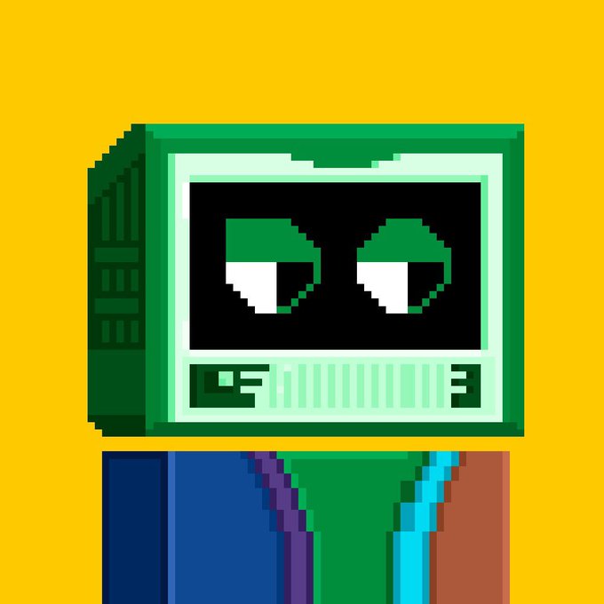 Pixel art of a green retro computer monitor with a face on the screen, set against a yellow background.