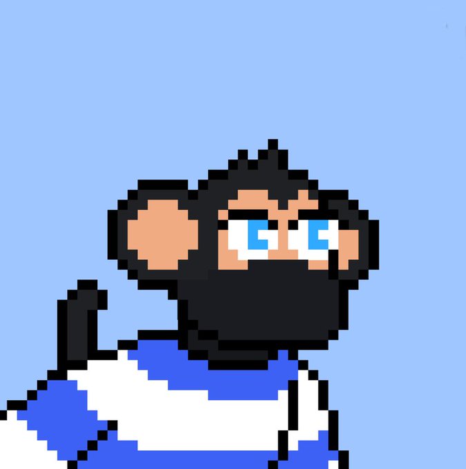 A pixel art illustration of a cartoon monkey with large blue eyes, a black face and ears, wearing a white and blue striped shirt against a light blue background.