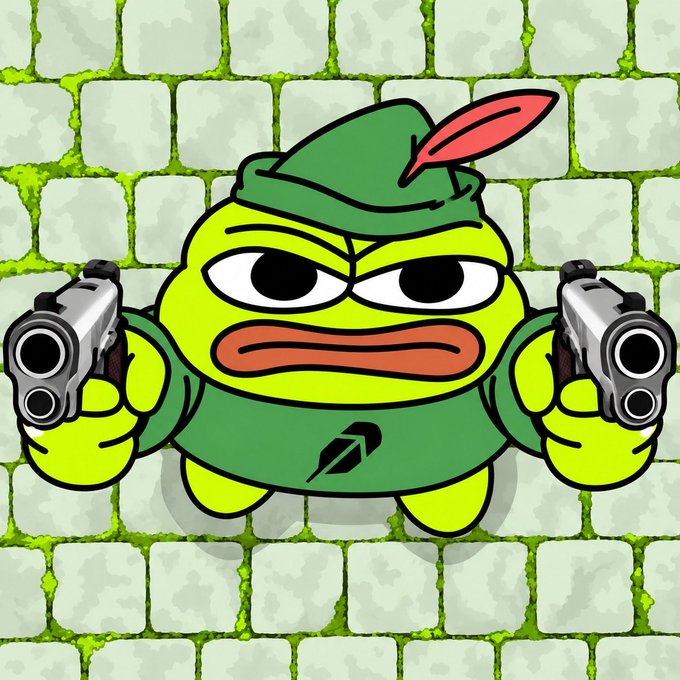 A cartoon illustration of a yellow character dressed as Robin Hood, wearing a green hat with a red feather and green tunic, holding two pistols against a stone wall background.
