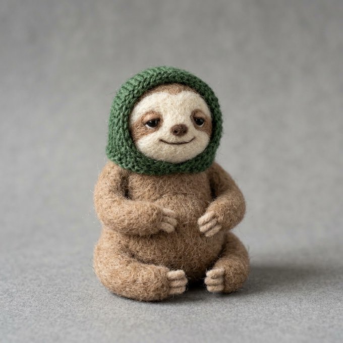 A needle-felted sloth figurine wearing a green knitted hood sits on a gray surface against a gray background, with a slight smile on its face.