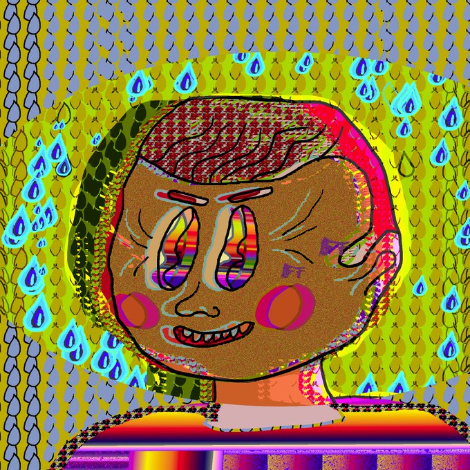 A trippy, psychedelic cartoon portrait of a smiling person with rainbow-striped eyes and red cheeks, set against a bright yellow background patterned with teardrops.