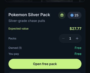 A screenshot of the "Pokemon Silver Pack" gacha on JupiterExchange, showing an expected value of $27.77 and a free pack available to open. The green "Open free pack" button highlights the user's ability to claim their complimentary pack with no cost.