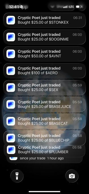 A smartphone notifications screen showing multiple trade alerts from 'Cryptic Poet' who bought various tokens including $STONKEX, $DOGINME, $AVNT, $AERO, $SEX, $BASEJUICE, $BASECAT, $BLUECHIP, and $PLUMBER.