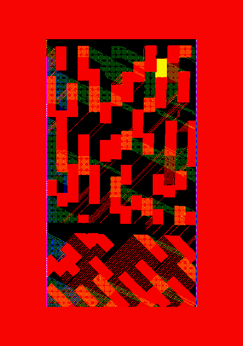 A red-bordered graphic with a black center containing pixelated, geometric blocks in red, green, blue, and orange, resembling a digital error or corrupted barcode pattern.