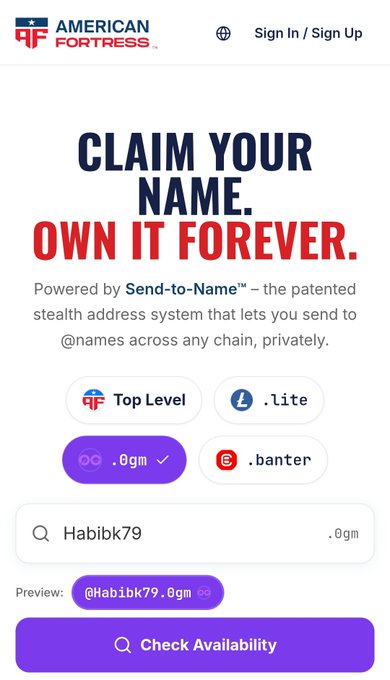 An American Fortress advertisement promotes a 'Send-to-Name' service with the headline 'CLAIM YOUR NAME. OWN IT FOREVER.', showing a preview for the username 'Habibk79.0gm' and a 'Check Availability' button.