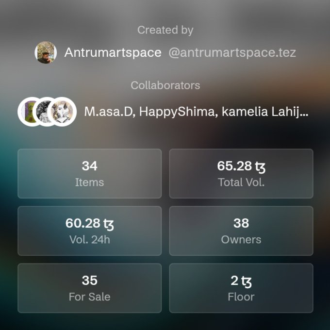 A digital interface showing NFT collection statistics created by 'Antrumartspace', displaying 34 items, 65.28 tez total volume, 38 owners, and a 2 tez floor price.