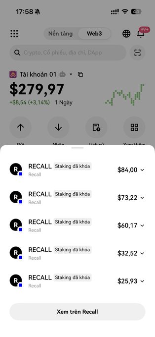 A Vietnamese-language crypto wallet app showing a Web3 portfolio balance of $279.97 with a +3.14% daily gain, displaying a list of RECALL token staking positions with various USD values.
