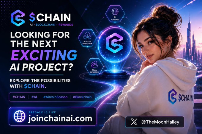 An advertisement for '$CHAIN' AI blockchain rewards presale at joinchainai.com, featuring a woman in a white hoodie against a city skyline.